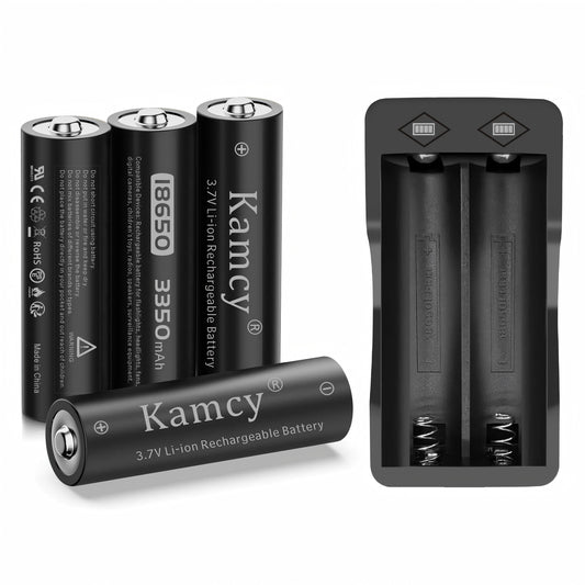 KAMCY 18650 Rechargeable Battery Button Top With 18650 Battery Charger, Universal Smart Charger for 3.7 Volt Rechargeable 18650 Lithium Ion Battery (4 Pack Button Top Battery+Charger)