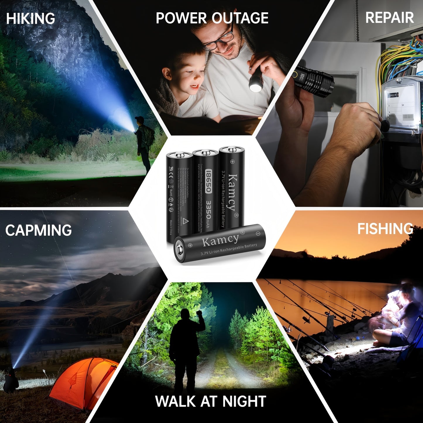 KAMCY 18650 Rechargeable Battery Button Top With 18650 Battery Charger, Universal Smart Charger for 3.7 Volt Rechargeable 18650 Lithium Ion Battery (4 Pack Button Top Battery+Charger)