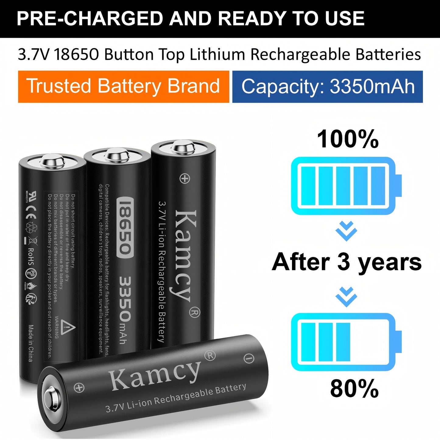 KAMCY 18650 Rechargeable Battery Button Top With 18650 Battery Charger, Universal Smart Charger for 3.7 Volt Rechargeable 18650 Lithium Ion Battery (4 Pack Button Top Battery+Charger)
