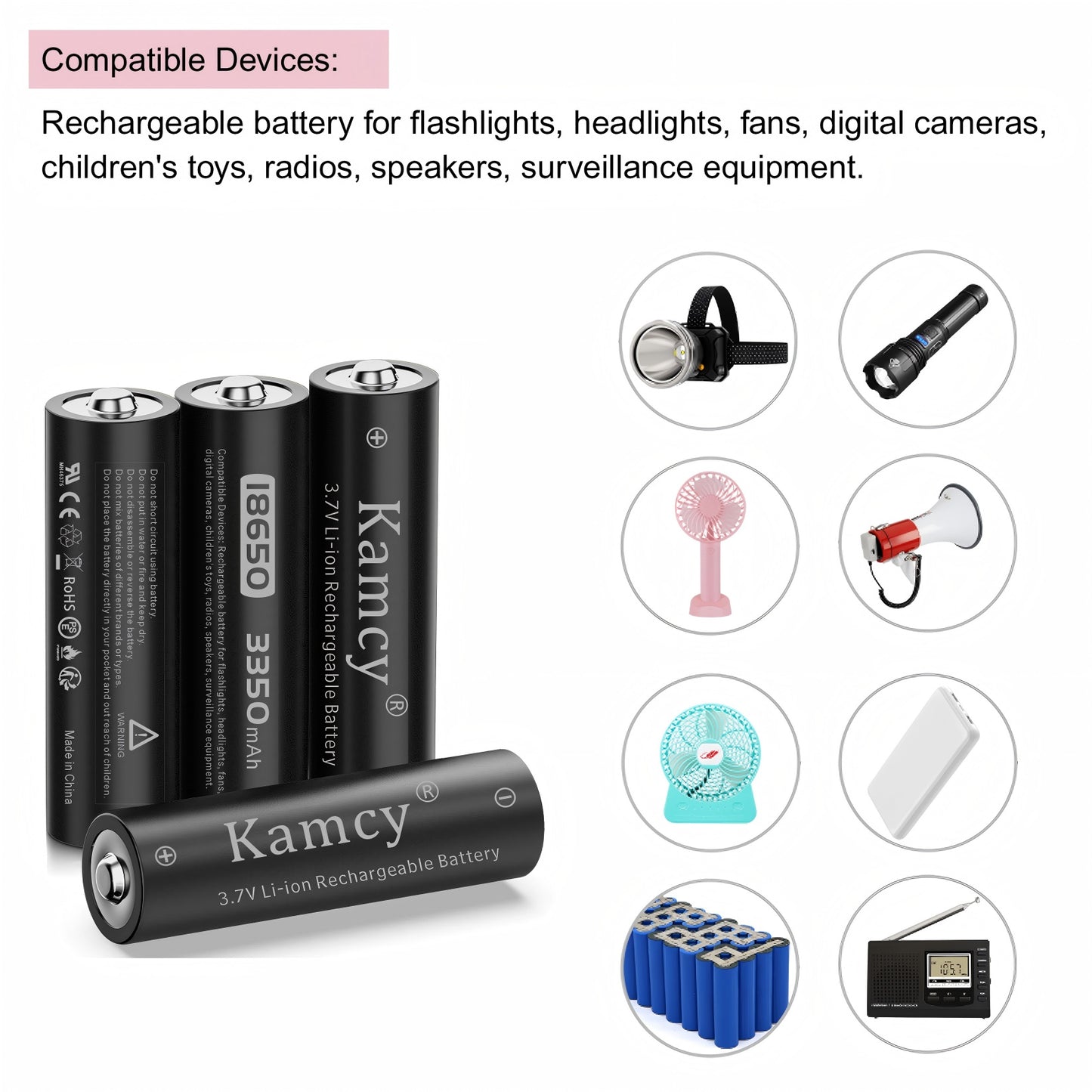 KAMCY 18650 Rechargeable Battery Button Top With 18650 Battery Charger, Universal Smart Charger for 3.7 Volt Rechargeable 18650 Lithium Ion Battery (4 Pack Button Top Battery+Charger)