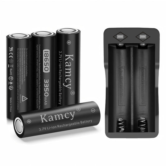 KAMCY 18650 Rechargeable Battery Flat Top With 18650 Battery Charger, Universal Smart Charger for 3.7 Volt Rechargeable 18650 Lithium Ion Battery (4 Pack Flat Top Battery+Charger)