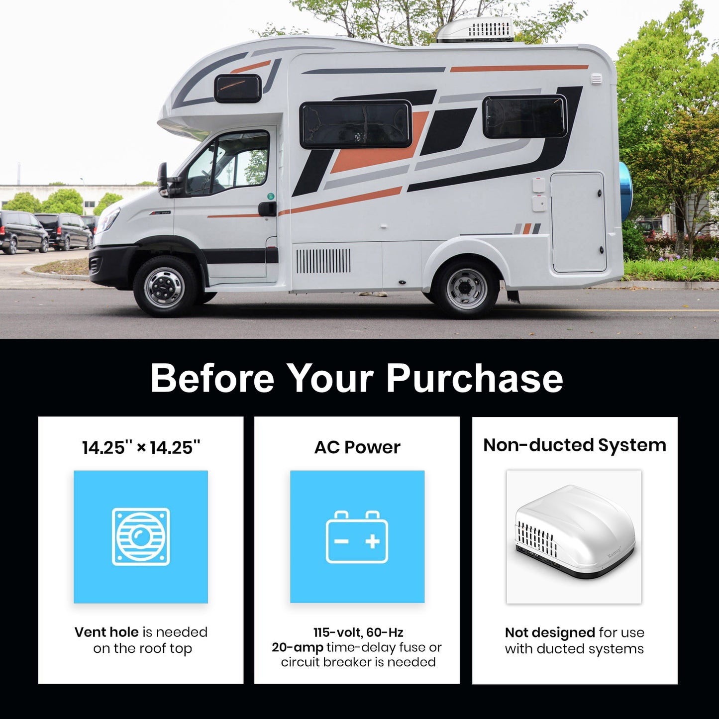 KAMCY 15000 BTU RV Air Conditioner, Non-Ducted RV Rooftop AC Unit, All in One Unit, Easy Install, Quiet AC, 110-120V, Cooling Only, For Camper, Fifth Wheel, Food Trucks, White