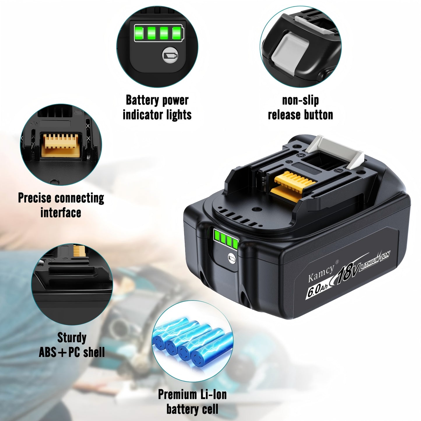 KAMCY 6.0Ah 18V Battery Replacement for Makita 18V Battery BL1860B BL1850B BL1840B BL1830B BL1815B Compatible with Makita 18 Volt Cordless Power Tool and Charger (Home)