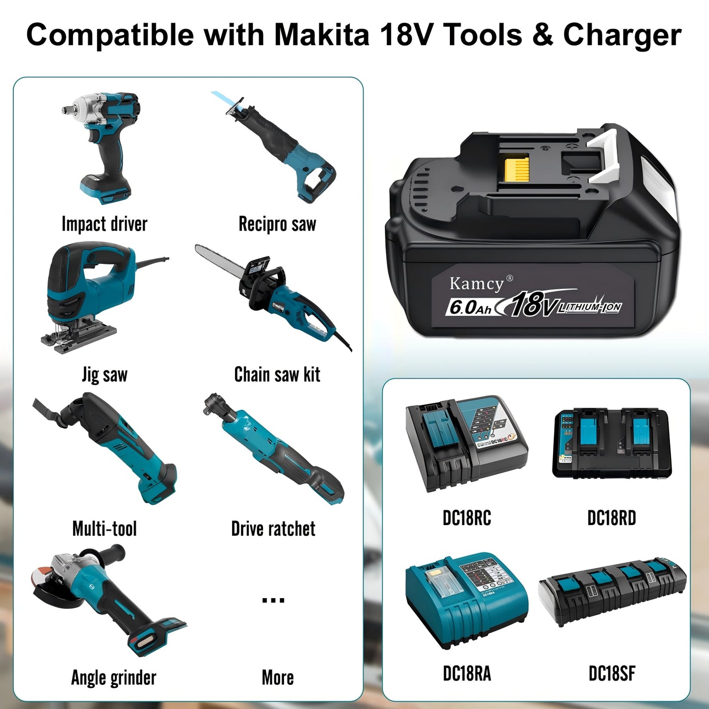 KAMCY 6.0Ah 18V Battery Replacement for Makita 18V Battery BL1860B BL1850B BL1840B BL1830B BL1815B Compatible with Makita 18 Volt Cordless Power Tool and Charger (Home)