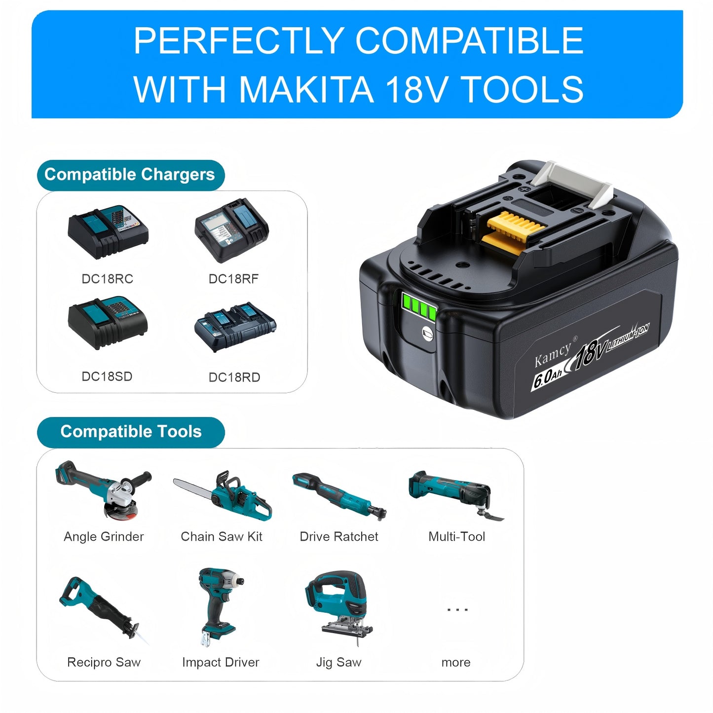 KAMCY 6.0Ah Lithium Ion Battery Replacement for Makita 18V Battery Compatible with 18 Volt BL1860B BL1850B BL1840B BL1830B BL1815B Batteries, Compatible with Makita 18V Cordless Power Tools (Ultra)