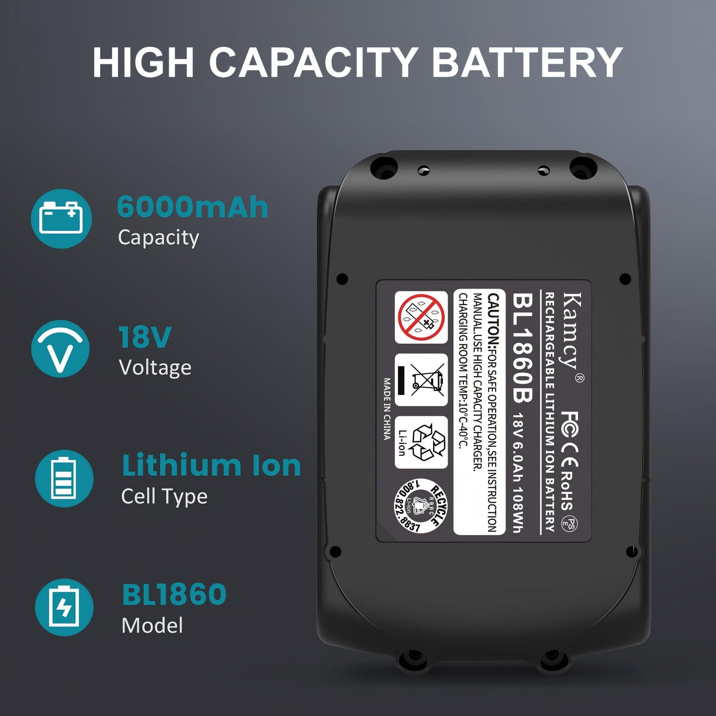 KAMCY 6.0Ah Lithium Ion Battery Replacement for Makita 18V Battery Compatible with 18 Volt BL1860B BL1850B BL1840B BL1830B BL1815B Batteries, Compatible with Makita 18V Cordless Power Tools (Ultra)