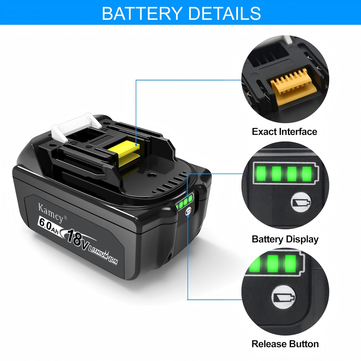 KAMCY 6.0Ah Lithium Ion Battery Replacement for Makita 18V Battery Compatible with 18 Volt BL1860B BL1850B BL1840B BL1830B BL1815B Batteries, Compatible with Makita 18V Cordless Power Tools (Ultra)