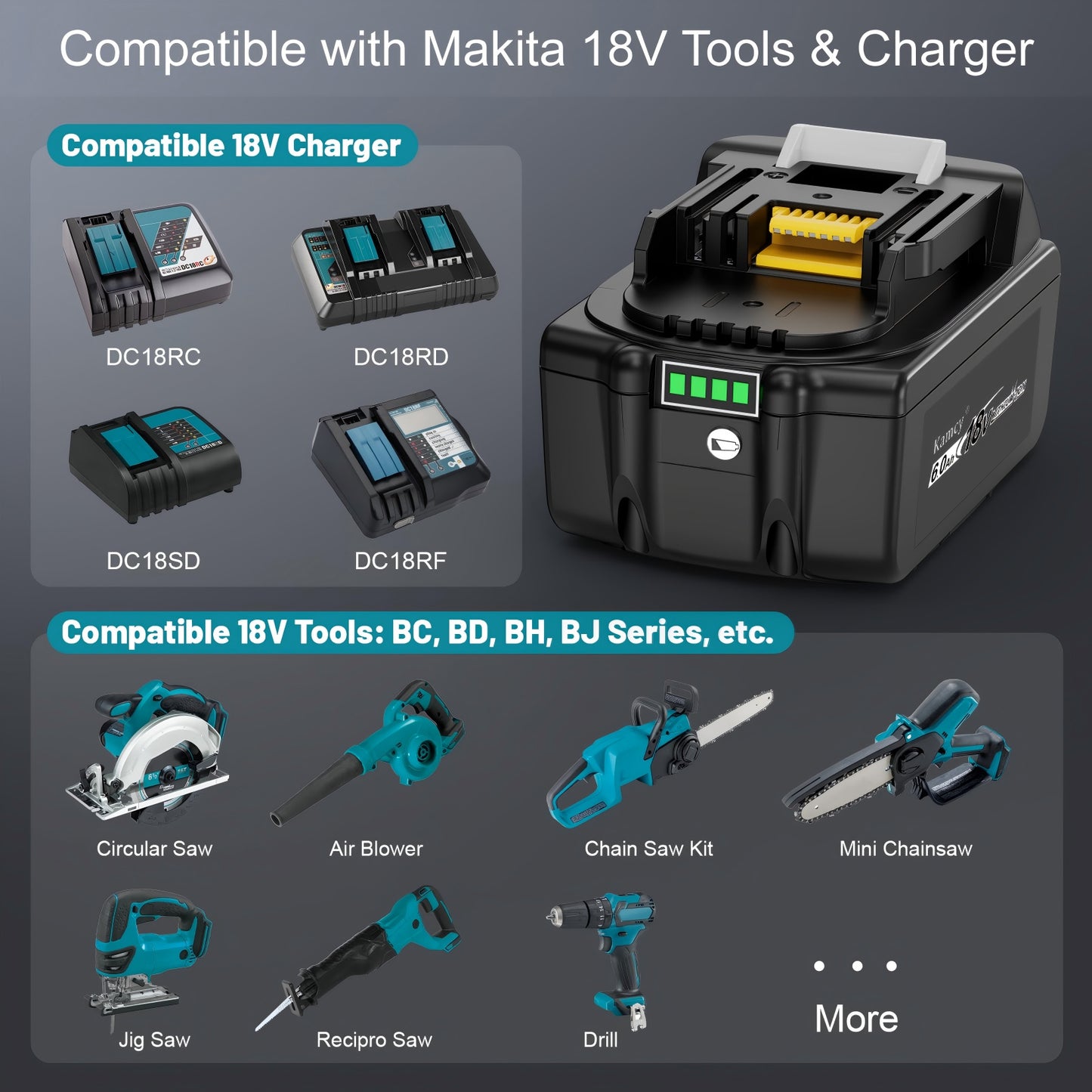 KAMCY 6.0Ah Lithium-ion Replacement Batteries Compatible with Makita 18V Battery BL1860B BL1850B BL1840B BL1830B BL1820B BL1815B LXT400 with LED Indicator Cordless Power Tools, Blue (Enterprise)