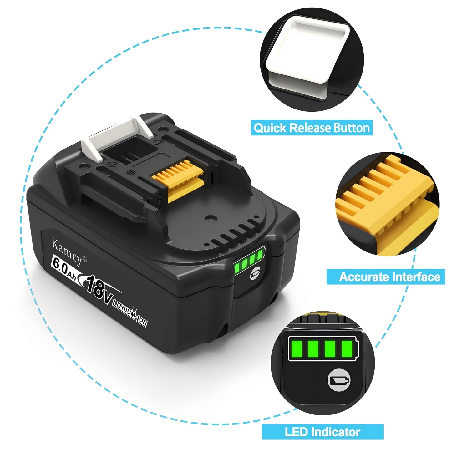KAMCY 6.0Ah Lithium-ion Replacement Batteries Compatible with Makita 18V Battery BL1860B BL1850B BL1840B BL1830B BL1820B BL1815B LXT400 with LED Indicator Cordless Power Tools, Blue (Enterprise)