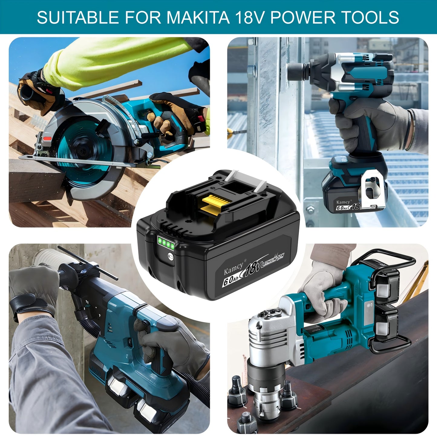 KAMCY 6.0Ah Lithium-ion Replacement Batteries Compatible with Makita 18V Battery BL1860B BL1850B BL1840B BL1830B BL1820B BL1815B LXT400 with LED Indicator Cordless Power Tools, Blue (Enterprise)