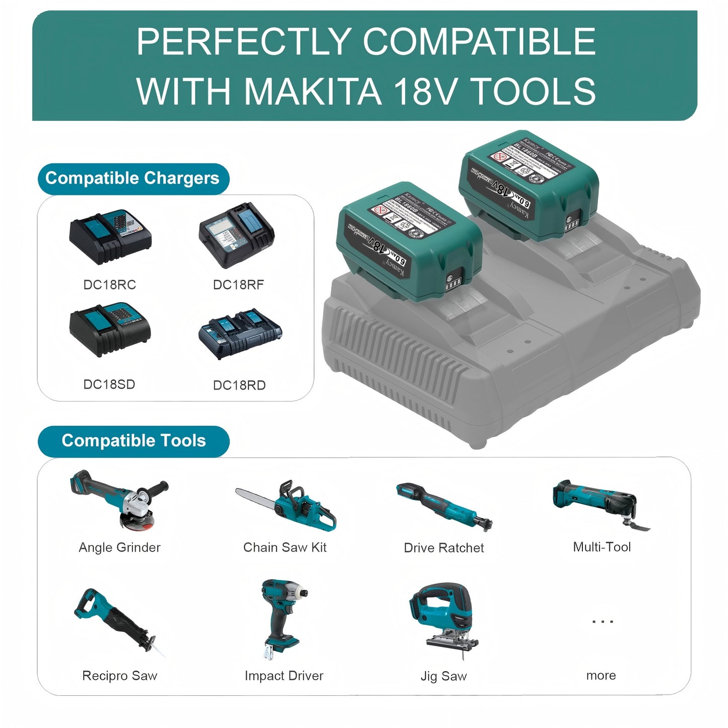 KAMCY 6.0Ah Battery for Makita 18V Battery – Compatible Replacement for 18V Makita Batteries BL1860B BL1850B BL1840B BL1830B BL1820B BL1815B LXT400, Black (Enterprise Series)