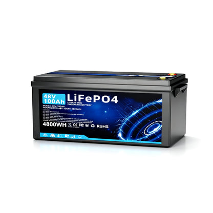 48V 100Ah LiFePO4 Lithium Battery, Built-in 200A BMS, 6000+ Deep Cycles, Max 2560W Power Output, FCC CE Certificates, Perfect for RV, Solar, Marine, Off-Grid, etc.