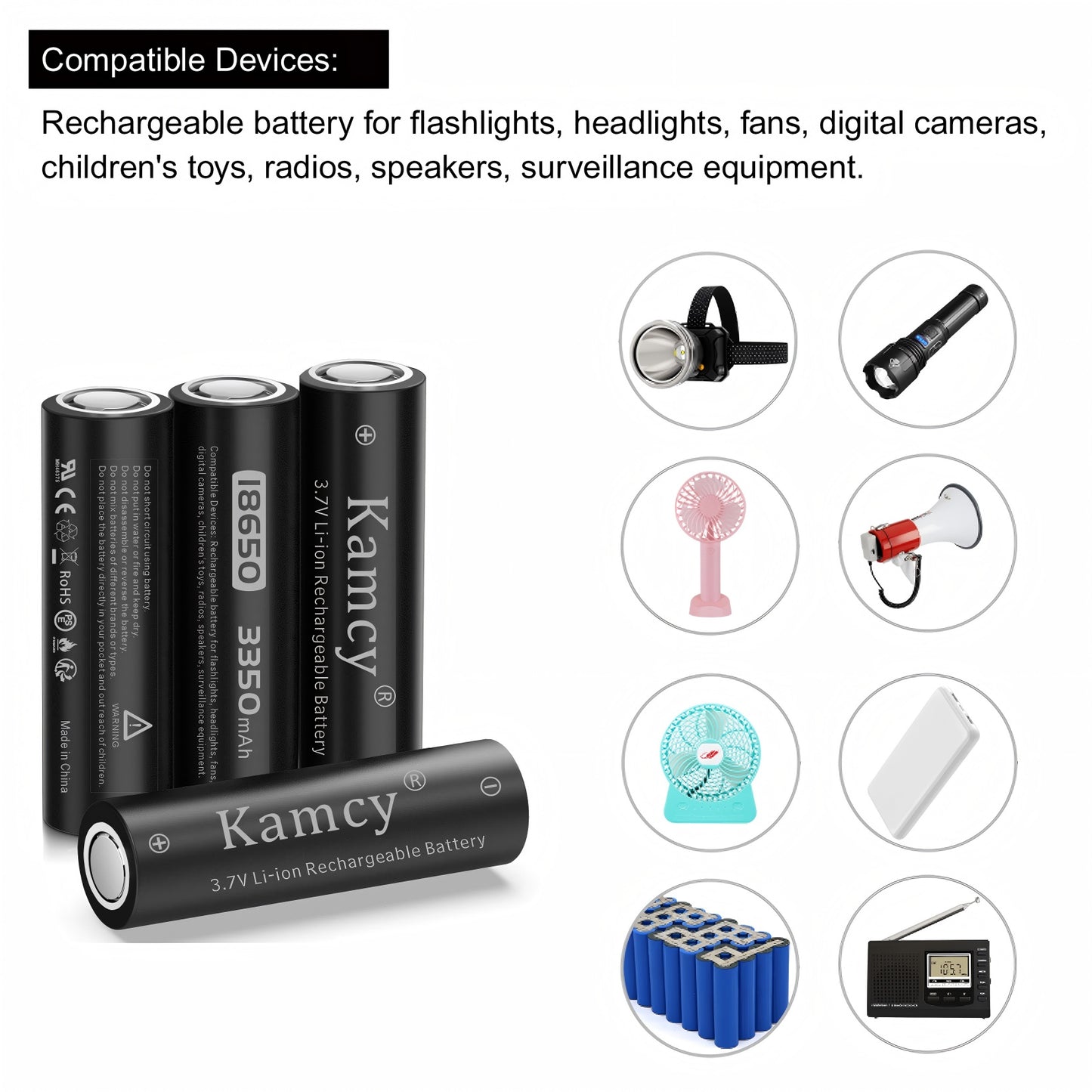 KAMCY 18650 Rechargeable Battery Flat Top With 18650 Battery Charger, Universal Smart Charger for 3.7 Volt Rechargeable 18650 Lithium Ion Battery (4 Pack Flat Top Battery+Charger)