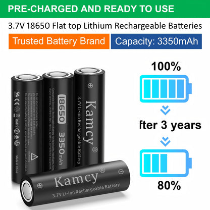 KAMCY 18650 Rechargeable Battery Flat Top With 18650 Battery Charger, Universal Smart Charger for 3.7 Volt Rechargeable 18650 Lithium Ion Battery (4 Pack Flat Top Battery+Charger)