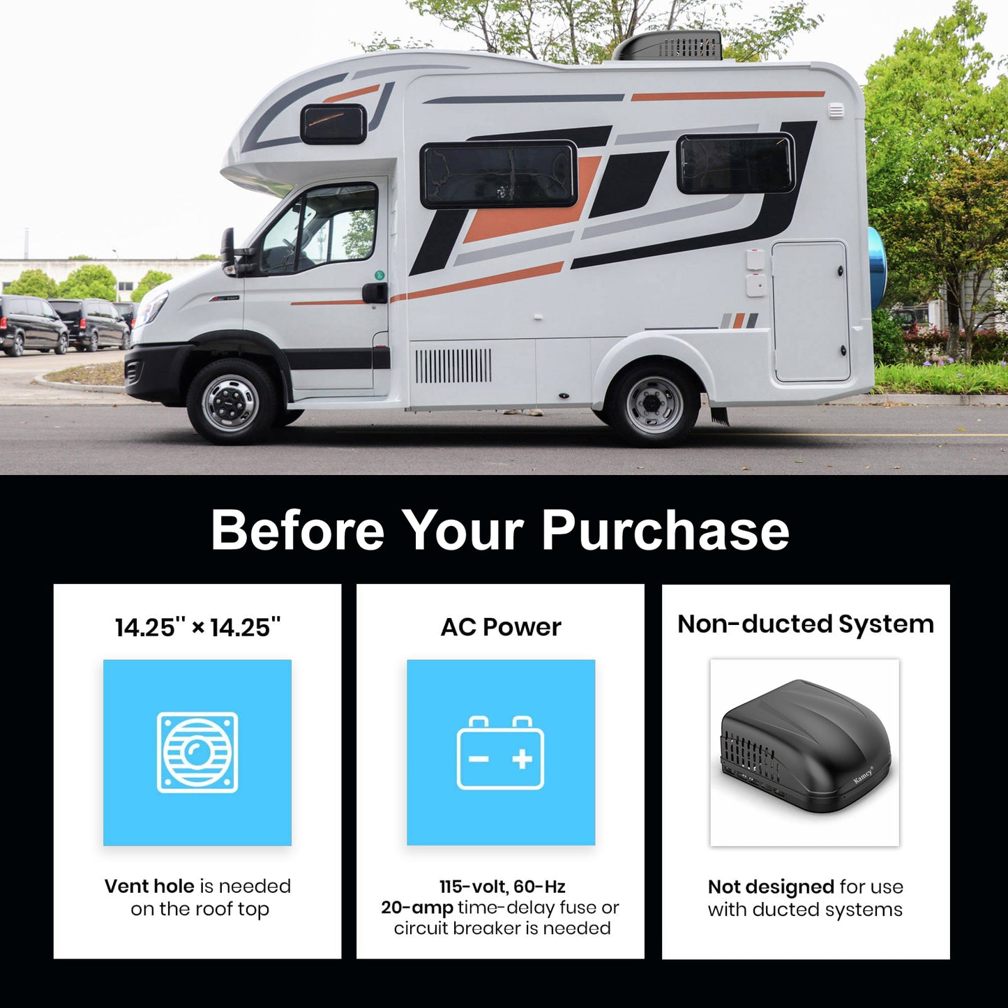 KAMCY RV Air Conditioner 15000 BTU, 2-in-1 Cooling & Heating, 110-120V, Non-Ducted Rooftop AC Unit with Heat Pump, Quiet AC, Easy Install, All-in-One Unit, For Camper, Fifth Wheel, Food Trucks, Black