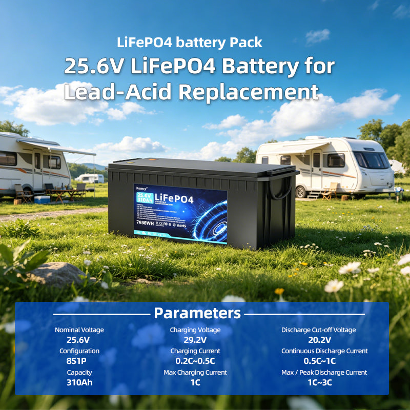 25.6V 310Ah LiFePO4 Battery, 7936Wh Deep Cycle Lithium Battery with Bluetooth Monitor, Low-Temp Protection, IP65 Waterproof, Customizable Size for Trolling Motor, RV, Home Energy Storage