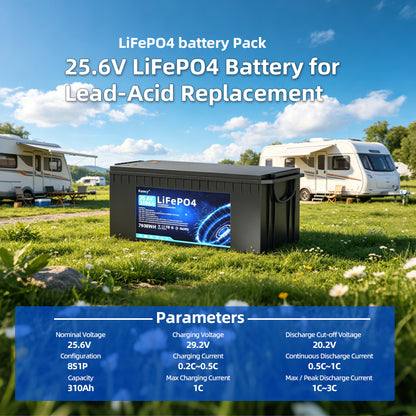 25.6V 310Ah LiFePO4 Battery, 7936Wh Deep Cycle Lithium Battery with Bluetooth Monitor, Low-Temp Protection, IP65 Waterproof, Customizable Size for Trolling Motor, RV, Home Energy Storage