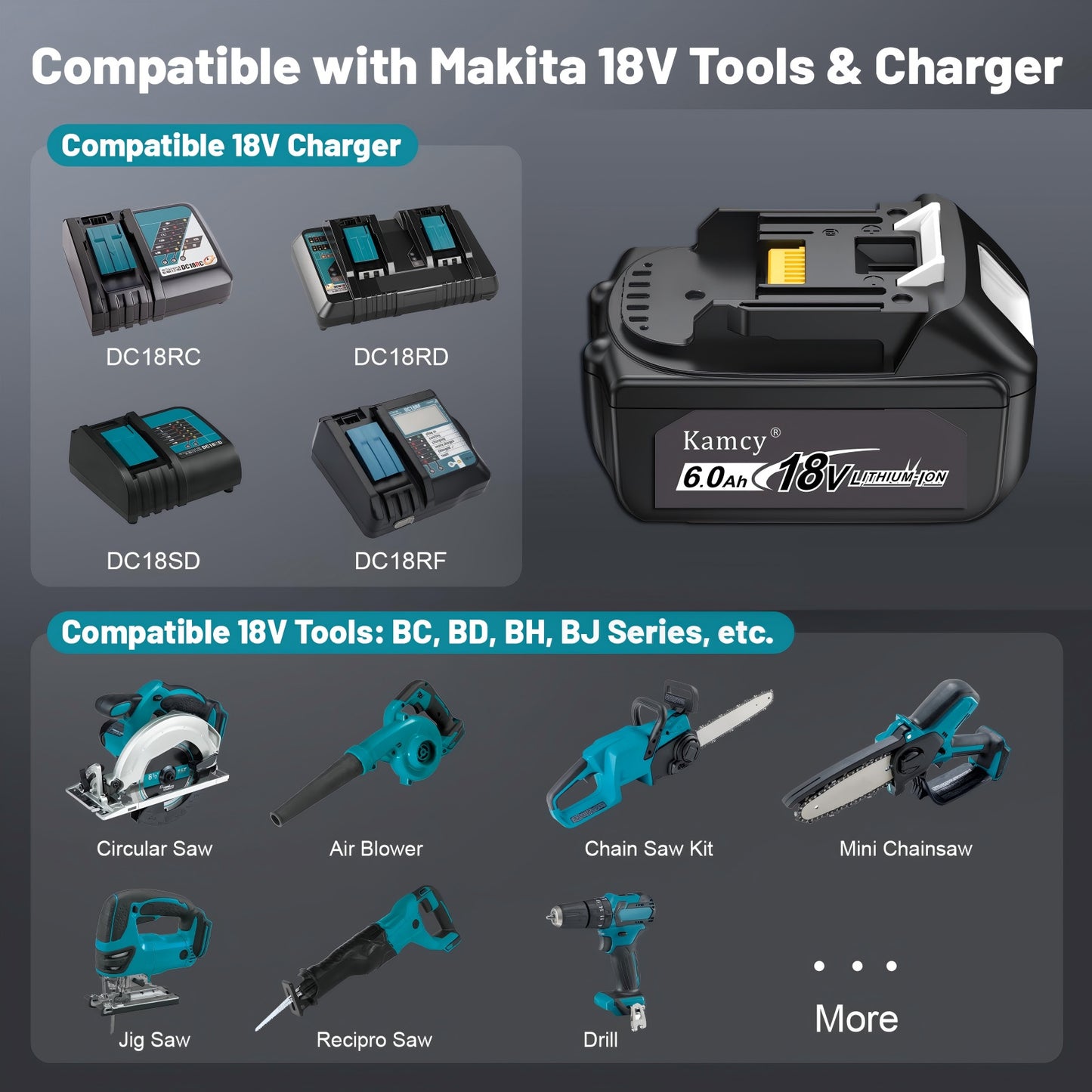 KAMCY 18V 6.0 Ah Lithium-Ion Battery Replacement for Makita 18V Battery Compatible with Makita LXT 18 Volt Batteries BL1860B BL1850B BL1840B BL1830B BL1815B Series Battery and Tools (Education)