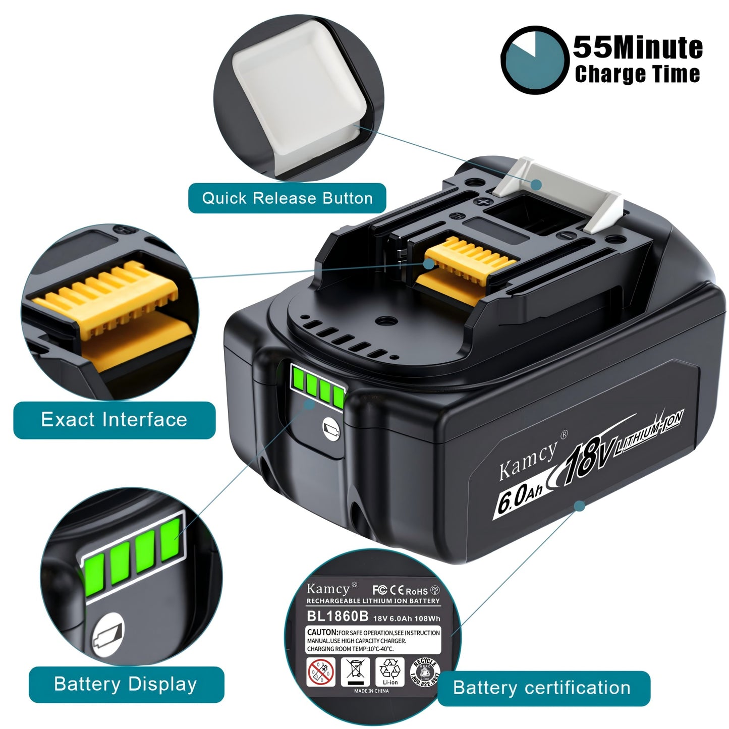 KAMCY 6.0Ah 18-Volt Replace for Makita 18V Battery BL1860B, Replacement Batteries Compatible with Makita BL1860 1850B 1840B 1830B BL1820, Fit with Original makita 18V Battery Chargers (Ultimate)