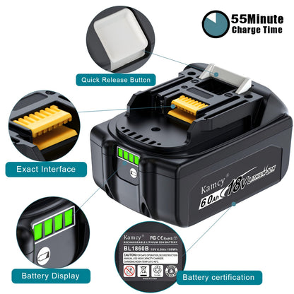 KAMCY 6.0Ah 18-Volt Replace for Makita 18V Battery BL1860B, Replacement Batteries Compatible with Makita BL1860 1850B 1840B 1830B BL1820, Fit with Original makita 18V Battery Chargers (Ultimate)